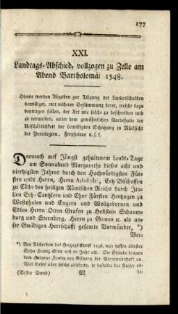 XXI. Landtags-Abschied, vollzogen zu Zelle am Abend Bartholomäi 1548.