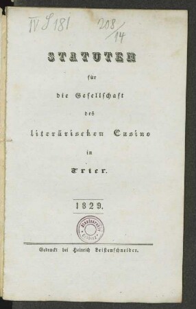 Statuten für die Gesellschaft des literärischen Casino in Trier