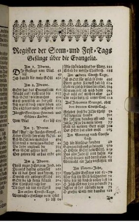 Register der Sonn- und Fest-Tags Gesänge über die Evangelia.