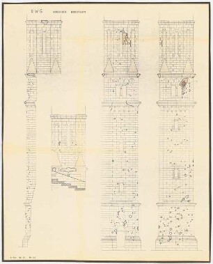 Kaiser-Wilhelm-Gedächtniskirche, Berlin-Charlottenburg: 4 Ansichten Vorderer Nordturm, Nachkriegszustand, 1:50