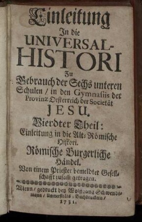 Vierdter Theil: Einleitung in die Alt-Römische Histori : Römische Burgerliche Händel