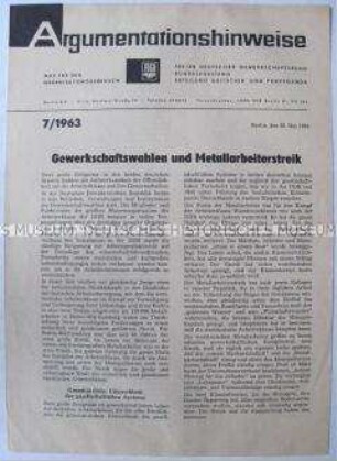 Informationsblatt des FDGB-Bundesvorstandes zum Metallarbeiterstreik in der Bundesrepublik und den bevorstehenden Gewerkschaftswahlen in der DDR