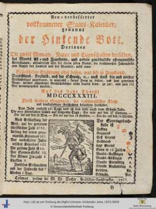 Neu-verbesserter vollkommener Staats-Kalender, genannt der Hinkende Bote.