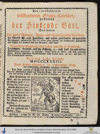 Neu-verbesserter vollkommener Staats-Kalender, genannt der Hinkende Bote.