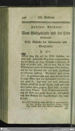 Zwölfter Abschnitt Vom Weltgebäude und der Erde überhaupt. Erste Gründe der Astronomie und Geographie