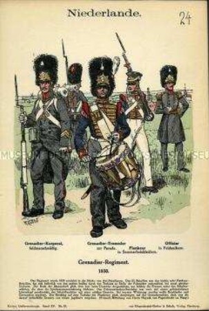 Uniformdarstellung, Korporal, Tambour, Flankeur und Offizier des Grenadier-Regiments, Vereinigtes Königreich der Niederlande, 1830.