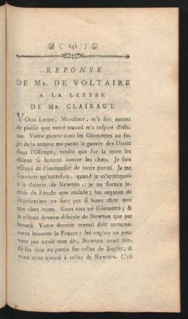 Reponse De Mr. De Voltaire A La Lettre De Mr. Clairaut