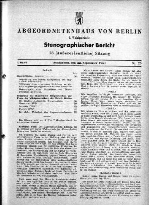 Nr. 23, 22.09.1951 (Außerordentliche Sitzung)