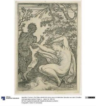 Ein Satyr nähert sich leise einer schlafenden Nymphe aus dem Schatten und legt dabei seinen Finger an den Mund (aus den Lascivie)