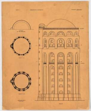 Wasserturm Winterhude, Hamburg: Aufriss 1:100, 2 Schnitte 1.200, Grundriss 1:200