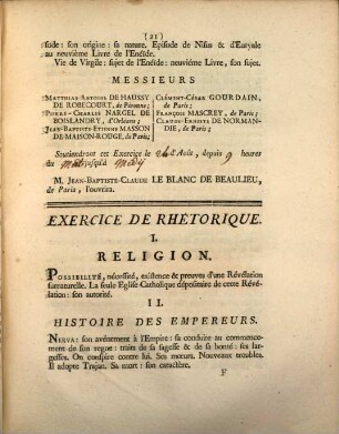 Exercices publics et distribution générale des prix, dans le collège des chanoines reguliers de l'abbaye royale de S. Vincent de Senlis pour l'année .... 1769