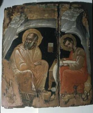 Patmos, Johanniter-Kloster. Johannes und Próchoros in der Höhle der Apokalypse. Ikone des 15. Jh.