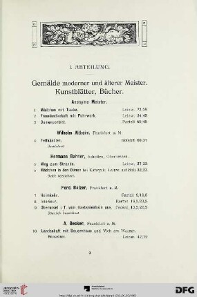 I. Abteilung. Gemälde moderner und älterer Meister. Kunstblätter, Bücher (Nr. 1-210)