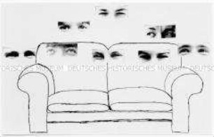 Gemaltes Sofa und darüber Augenpaare von verschiedenen Personen (Sonderthema: Familienbilder)
