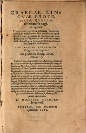 Graecae linguae erotemata : Qvorvm seriem uersa pagina reperies ...