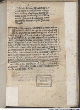 Compendiolum in libros Institutionum Justiniani : mit Widmungsvorrede des Autors an Johannes Grandner