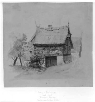 Dorfhäuser mit Bergmann : Dorfhäuser mit Bergmann. Aquarell; 21 x 21,9 cm (vor 1905; E. Leonhardi). Freiberg: Stadt- und Bergbaumuseum 59/62