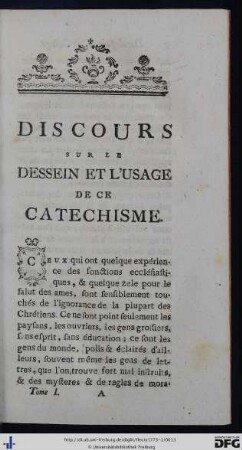 Discours Sur Le Dessein Et L'Usage De Ce Catechisme.