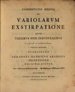 Commentatio medica De variolarum exstirpatione