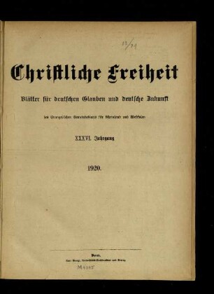Christliche Freiheit / 36. Jahrgang 1920