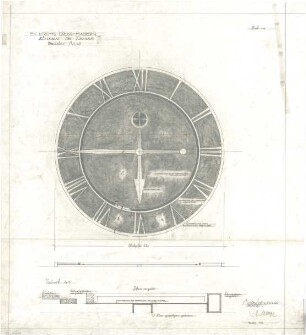 Gsaenger, Gustav; München - Großhadern, Ebernburgstr.; Ev. Notkirche, Reformations - Gedächtnis Kirche - Ziffernblatt für Turmuhr (Ansichten, Schnitt)