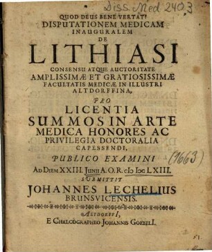 Disputationem Medicam Inauguralem De Lithiasi