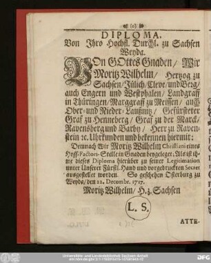 Diploma. Von Ihro Hochfl. Durchl. zu Sachsen Weyda.