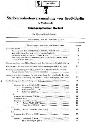 Nr. 47, 13. November 1947, Ordentliche Sitzung