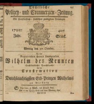 40tes Stueck, Montag den 3ten October. 1791