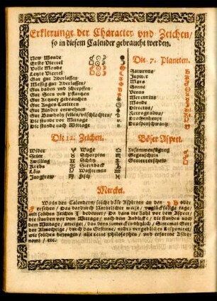 Erklerunge der Character und Zeichen/ so in diesem Calender gebraucht werden.