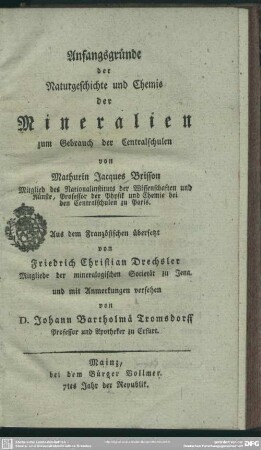 Anfangsgründe der Naturgeschichte und Chemie der Mineralien zum Gebrauch der Centralschulen