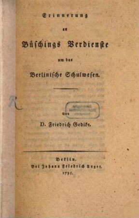 Erinnerung an Büschings Verdienste um das Berlinische Schulwesen