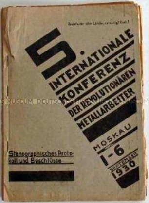 Hektografierte Dokumentation zu einer internationalen Metallarbeiter-Konferenz in Moskau