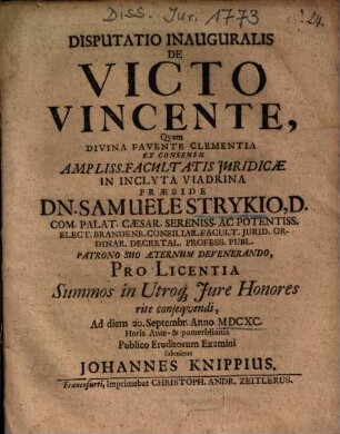 Disputatio Inauguralis De Victo Vincente