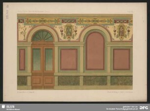 Ausgeführte Dekorationsmalereien. Wandgestaltung mit floraler Ornamentik und Figuren