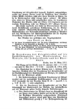 Anrechnung des Kriegsdienstes auf die Ausbildungszeit der Studierenden der Medizin, der Zahnheilkunde und der Pharmazie : [B. Universitäten]