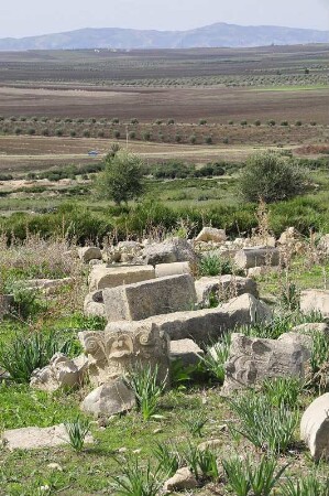 Volubilis - Gesteinsbrocken der ausgegrabenen römischen Provinzhauptstadt : Die ausgegrabene Hauptstadt der einstigen römischen Provinz Mauretania Tingitana liegt in einer Hochebene am Fuße des Djebel Zerhaun. Aufgenommen in Volubilis am 30. Oktober 2010