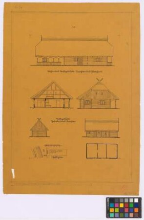 Gilge (Landkreis Labiau): Fischereigehöft. - Wohn- und Stallgebäude (Seiten-Ansicht, Querschnitt, Giebel-Ansicht). - Stallgebäude (Giebel-Ansicht, Seiten-Ansicht, Grundriss). - Lageplan