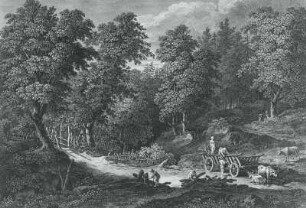 Zweiachsiges Ochsenfuhrwerk mit Leiterwagen, Beladung mit Holz : Ochsenfuhrwerk, zweichsig, Stich von A. Zingg, um 1800
