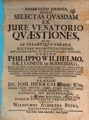 Diss. iur. sistens selectas quasdam ex iure venatorio quaestiones