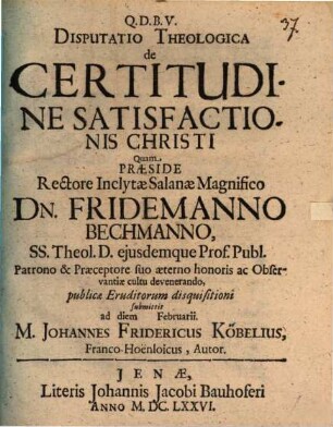 Disp. theol. de certitudine satisfactionis Christi