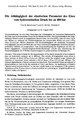 Die Abhängigkeit der elastischen Parameter des Eises vom hydrostatischen Druck bis zu 400 bar