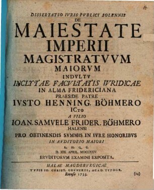 Dissertatio iuris publici solennis de maiestate imperii magistratuum maiorum