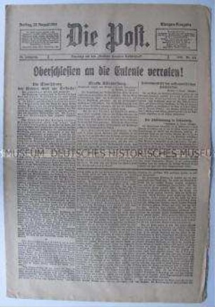 Konservative Tageszeitung "Die Post" zur Intervention der Entente in die Auseinandersetzungen um Oberschlesien