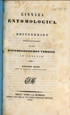 Linnaea entomologica : Zeitschrift. 1. 1846