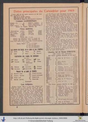 Dates principales du Calendrier pour 1949.