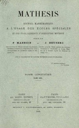 TOME CINQUIÉME MARS 1885.