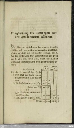 V. Vergleichung der Baukosten von den gewöhnlichen Dächern