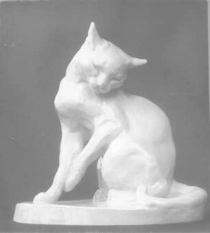 Schuldbewußte Katze. Porzellan, weiß glasiert ; ca. 56 x 42 cm (vor 1945; E. Richter). Dresden-Südvorstadt, Eisenstuckstraße, Atelier der Künstlerin