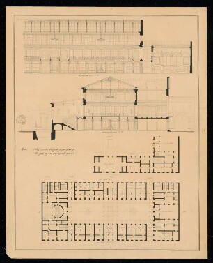Passage, Berlin Monatskonkurrenz November 1835: Grundriss Erdgeschoss, Obergeschoss (teilweise), Längsschnitt, Querschnitt; Maßstabsleiste